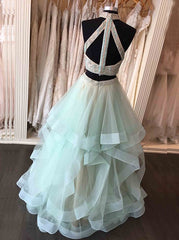 Long Open Back Mint Two Piece High Neck Organza Prom Dress