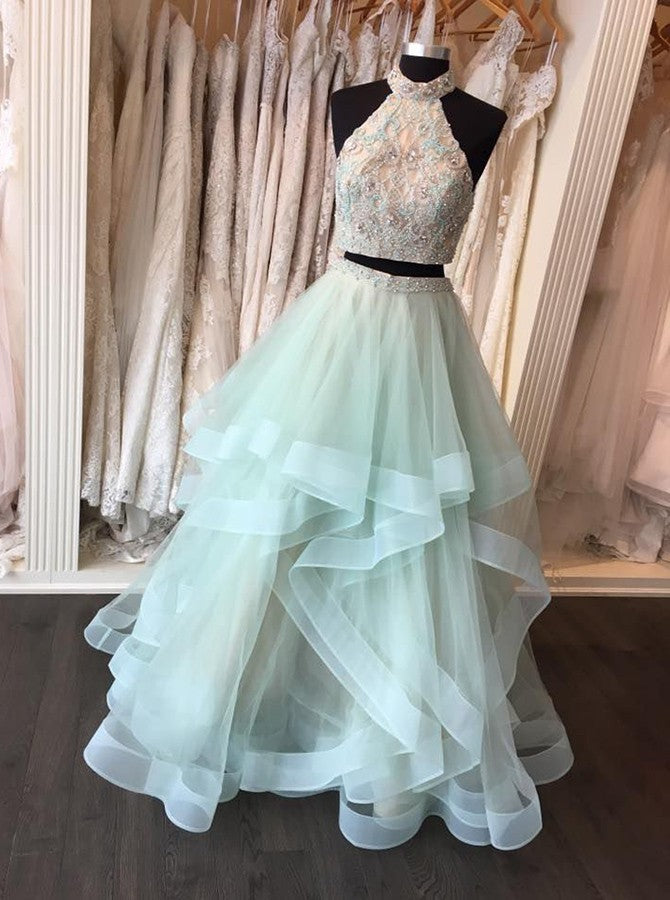Long Open Back Mint Two Piece High Neck Organza Prom Dress