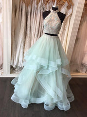 Long Open Back Mint Two Piece High Neck Organza Prom Dress
