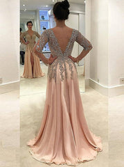 Beading Long Sleeves Pearl Pink Chiffon Prom Dress