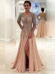 Beading Long Sleeves Pearl Pink Chiffon Prom Dress
