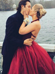 Beading A-Line Halter Open Back Burgundy Tulle Prom Dress
