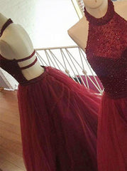 Beading A-Line Halter Open Back Burgundy Tulle Prom Dress