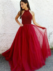 Beading A-Line Halter Open Back Burgundy Tulle Prom Dress