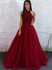 Beading A-Line Halter Open Back Burgundy Tulle Prom Dress