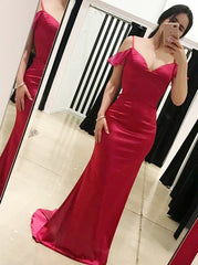 Open Back Red Elastic Satin Mermaid Cold Shoulder Prom Dress