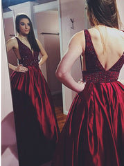 Red A-Line V-Neck Satin Prom Dress with Beading Pockets