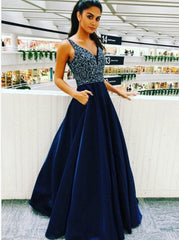 Red A-Line V-Neck Satin Prom Dress with Beading Pockets