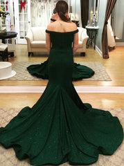 Green Satin Mermaid Off-the-Shoulder Prom Dress with Beading