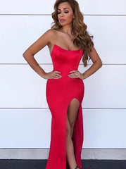 Sheath Strapless Long Black Satin Prom Dress with Split