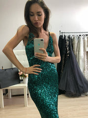 Sheath Spaghetti Straps Long Green Sequin Prom Dress