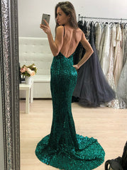Sheath Spaghetti Straps Long Green Sequin Prom Dress