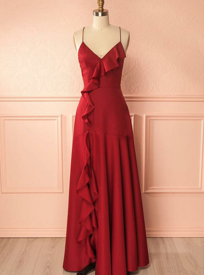 Red Satin Mermaid Spaghetti Straps Prom Dress with Ruffles