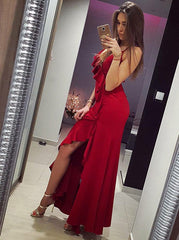 Red Satin Mermaid Spaghetti Straps Prom Dress with Ruffles