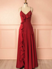 Red Satin Mermaid Spaghetti Straps Prom Dress with Ruffles