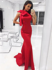 Bowknot Satin Mermaid High Neck Red Evening Prom Dress