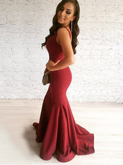 Cheap Mermaid Scoop Long Red Satin Prom Dress