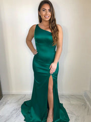 Split Mermaid One Shoulder Open Back Green Satin Prom Dress