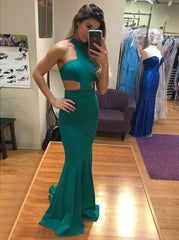 Mermaid Jewel Cut-out  Green Satin Prom Dress