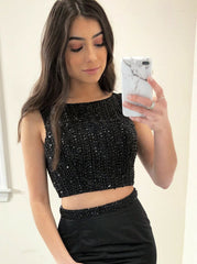 Black Satin Two Piece Mermaid Bateau Beading  Prom Dress