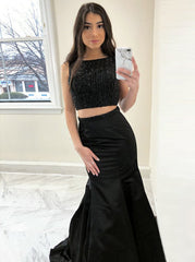 Black Satin Two Piece Mermaid Bateau Beading  Prom Dress