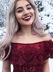 Two Piece Off-the-Shoulder Dark Red Satin Prom Dress