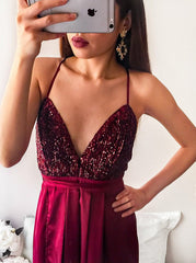 Dark Red Long Prom Spaghetti Straps Pleated Party Dress with Sequins