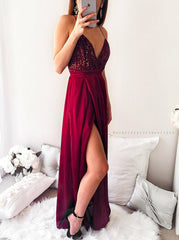 Dark Red Long Prom Spaghetti Straps Pleated Party Dress with Sequins