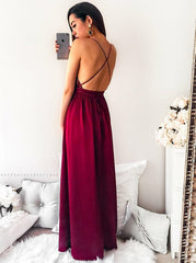 Dark Red Long Prom Spaghetti Straps Pleated Party Dress with Sequins