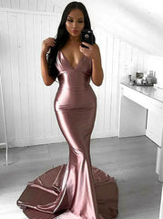 Sexy Blush Satin Mermaid V-Neck Long Prom Evening Dress