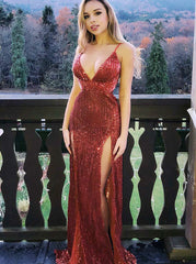 Split Sheath V-Neck Red Sequins Evening Prom Dress