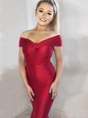 Long Red Satin Mermaid Off-the-Shoulder Prom Party Dress