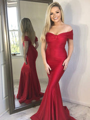 Long Red Satin Mermaid Off-the-Shoulder Prom Party Dress