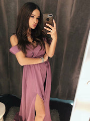 Cold Shoulder Purple Satin Prom Dress with Split