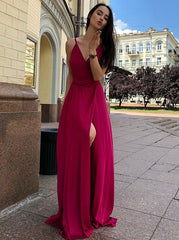 V-Neck Long Sleeveless Red Satin Prom Dress with Split