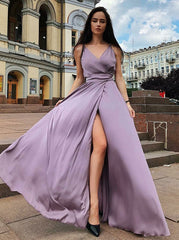 V-Neck Long Sleeveless Red Satin Prom Dress with Split