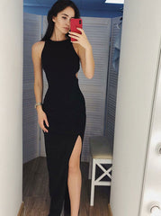 Sheath Cut-out Black Satin Long Prom Dress with Split