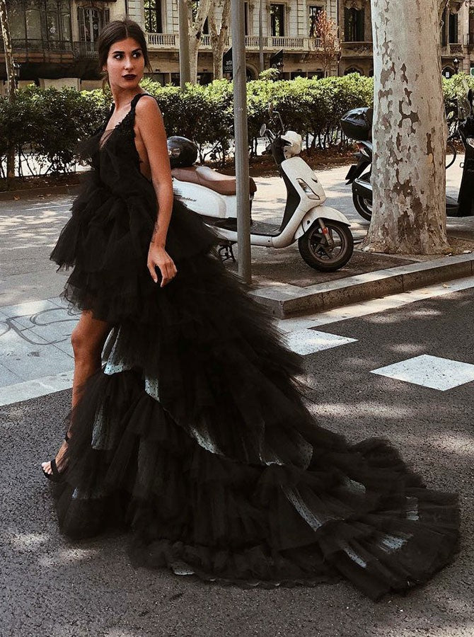 V-Neck High Low Backless Black Tulle Prom Dress