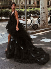 V-Neck High Low Backless Black Tulle Prom Dress
