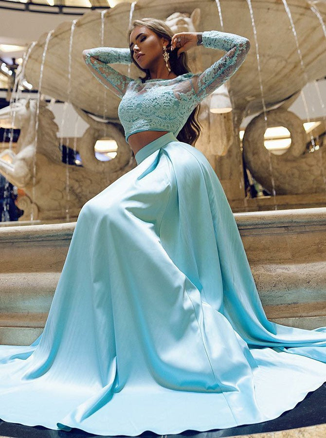 Appliques Ice Blue Prom Two Piece Long Sleeves Evening Dress