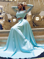 Appliques Ice Blue Prom Two Piece Long Sleeves Evening Dress