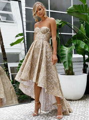 High Low Floral Gold A-Line Sweetheart Lace Prom Evening Dress