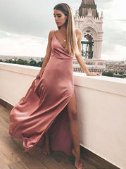 Sheath V-Neck Pink Satin Prom Evening Dress With Split