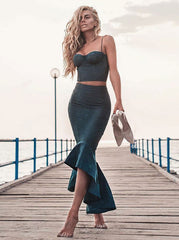 Dark Green Two Piece Mermaid Spaghetti Straps Prom Party Dress