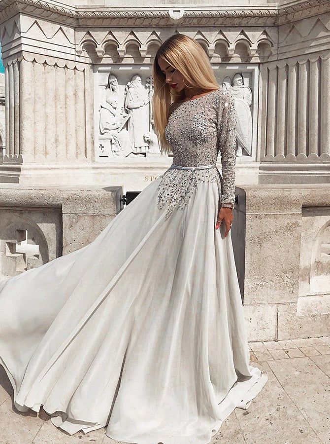 Backless Grey Long Sleeves Prom Evening Dress with Pearls