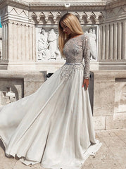 Backless Grey Long Sleeves Prom Evening Dress with Pearls
