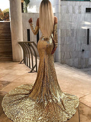 Long Sleeves Gold Mermaid Off Shoulder Prom Dress