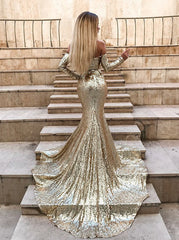 Long Sleeves Gold Mermaid Off Shoulder Prom Dress