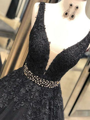 Long Black Deep V-neck Appliques Prom Dress
