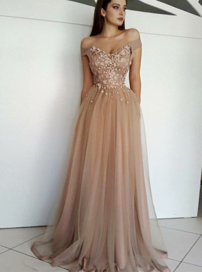 Beading Off Shoulder Champagne Prom Evening Dress